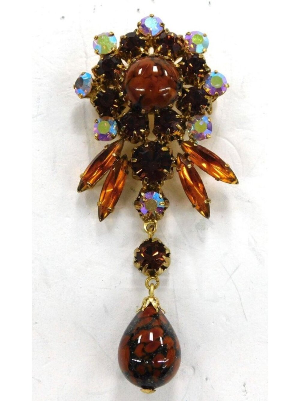 Vintage Juliana Style AB & Amber Rhinestone Brooch with Dangle Bead